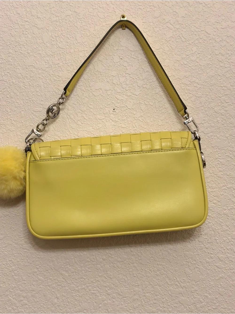 Michael Kors Yellow Woven Leather Shoulder Bag with Pom Pom Charm